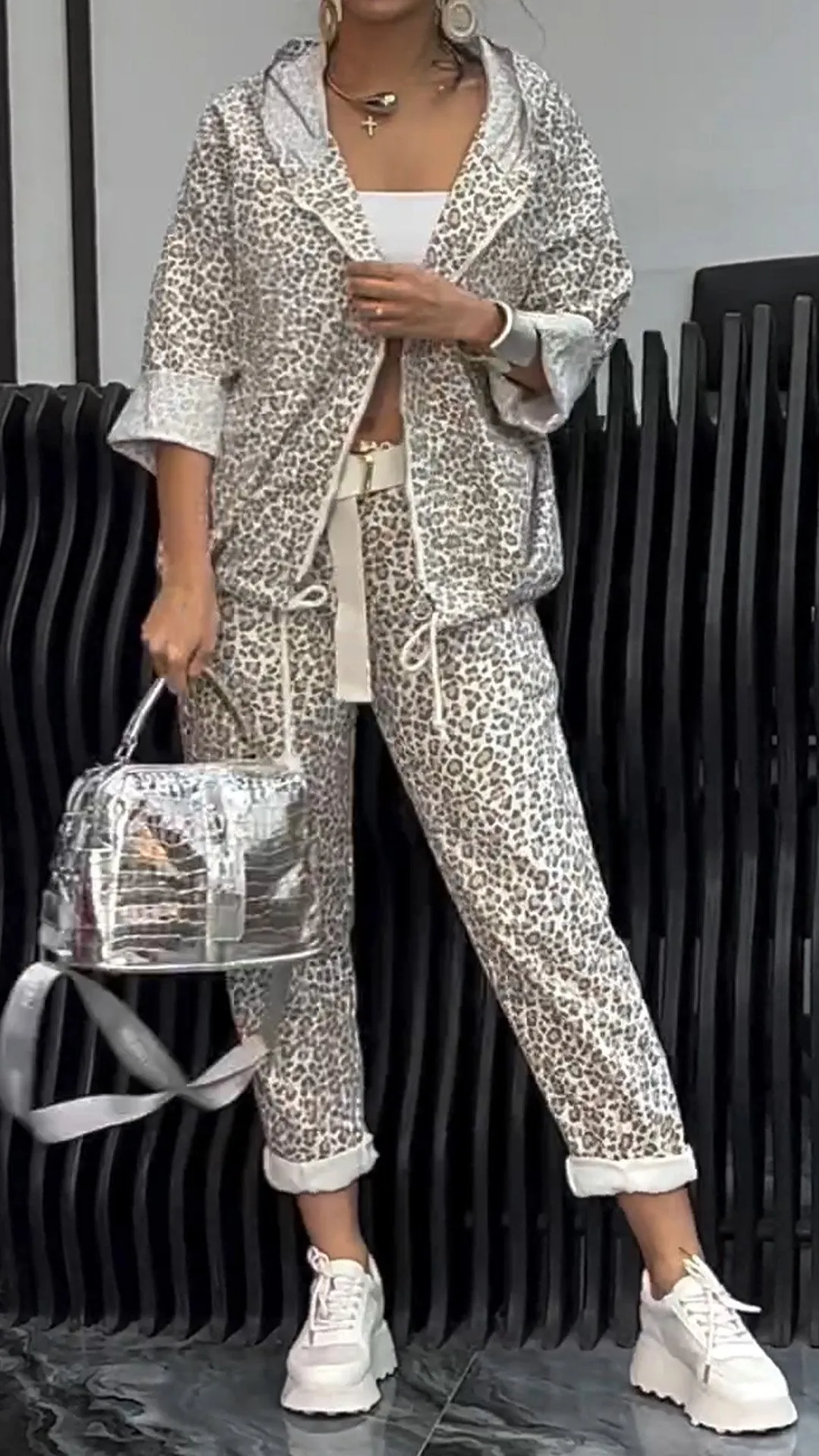Women's Leopard-print Cardigan Short Suit