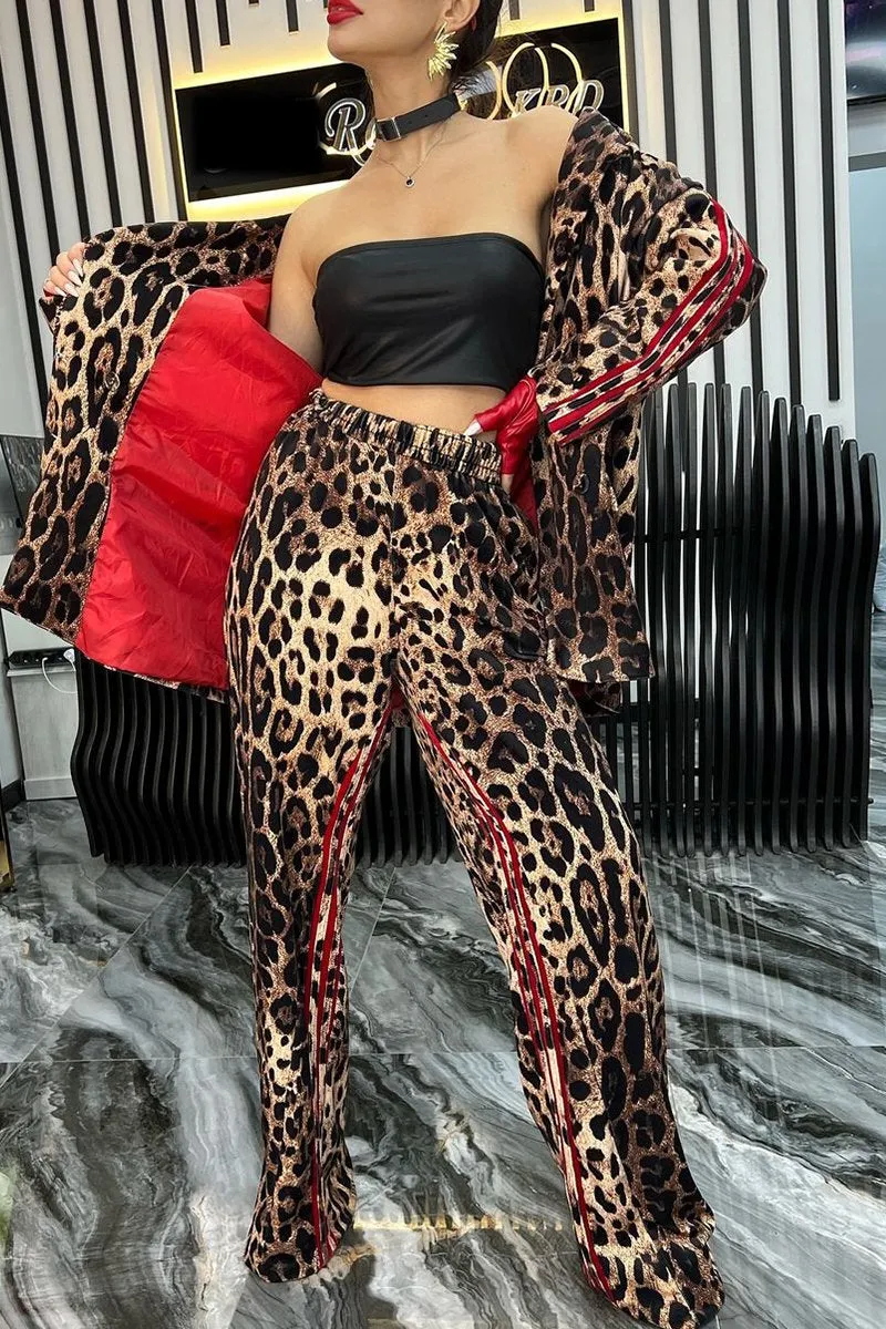 Women's Leopard Print Zip-up Jacket Leopard Print Pant Suit